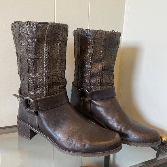 Stuart Weitzman Pimlico Womens Brown Lacquered Knit Mid Calf Boots - Picture 3 of 6